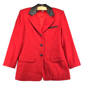 New Frontier Women's Leather Collar Blazer Suit Jacket Red Small 100% Wool